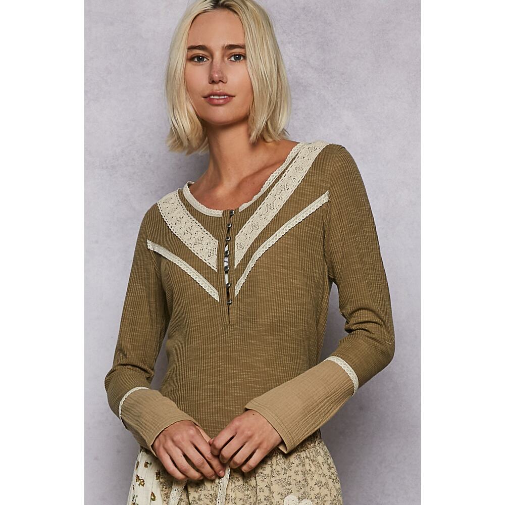 POL Half Button Lace Detail Long Sleeves Crew Neck Casual Rib Knit Top | Olive - Picture 3 of 6
